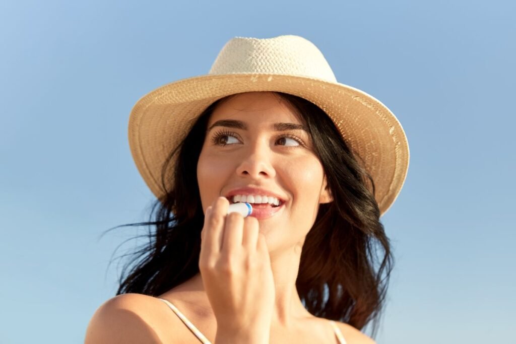 Girl applying lip balm on her lips