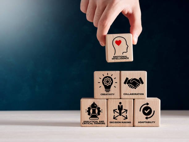 Hand puts wooden cubes with icons of soft skills, emotional intelligence, creativity, collaboration, adaptability, decision making, and analytical thinking.