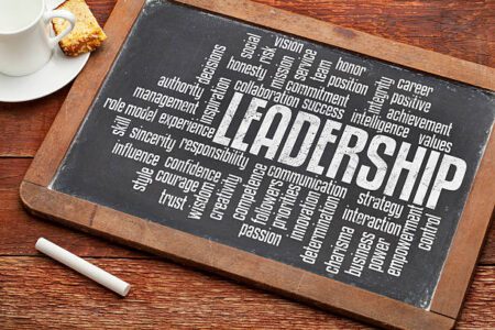 Leadership word cloud on a vintage slate blackboard with a cup of tea