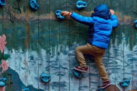 a boy wearing blue jacket rock climbing in Alaska