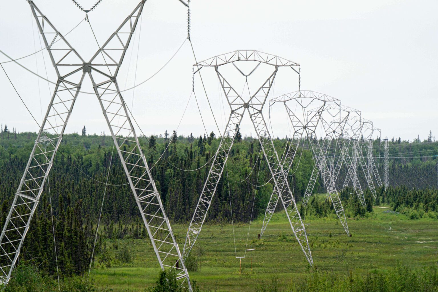 Power Outage in Alaska Disrupts Thousands Power line towers stretching across a landscape in Alaska