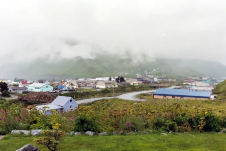 a drone view of remote village in Alaska