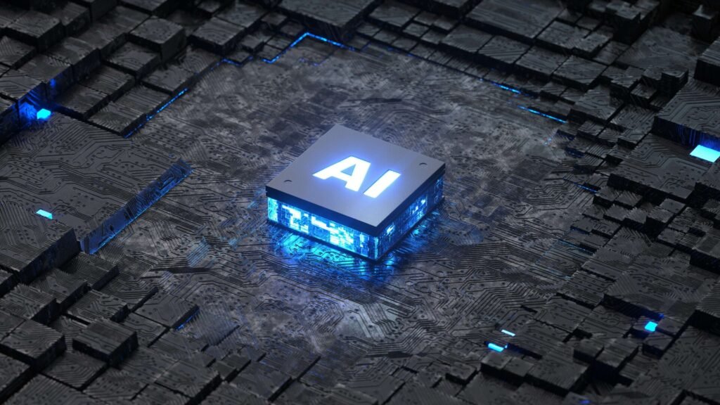 A glowing blue cube with the letters AI inscribed on it, surrounded by a complex network of circuit boards and microchips.