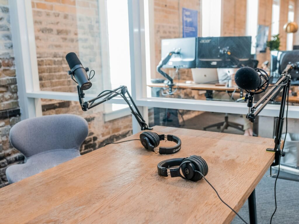 Podcast room with a mic and camera