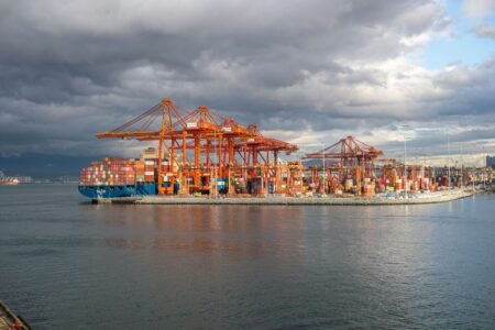 A busy container port with several large cranes unloading cargo.