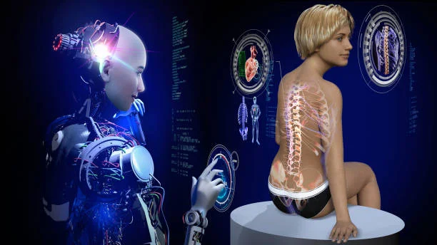 An artificial intelligence robot examines a woman's back