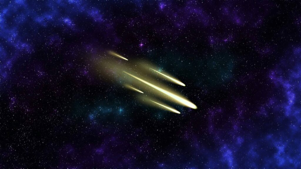 A group of three bright meteors streaking through a night sky.