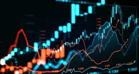 Stock market hologram, candlesticks dynamics and statistics, bar chart with numbers.