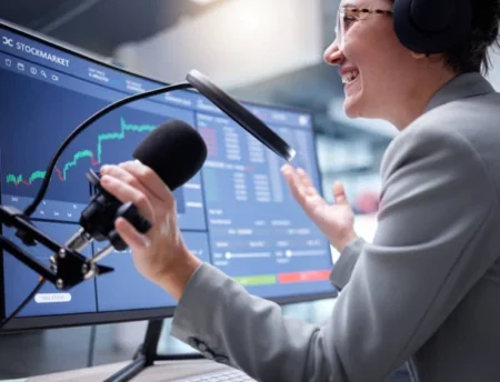 woman with microphone and live streaming