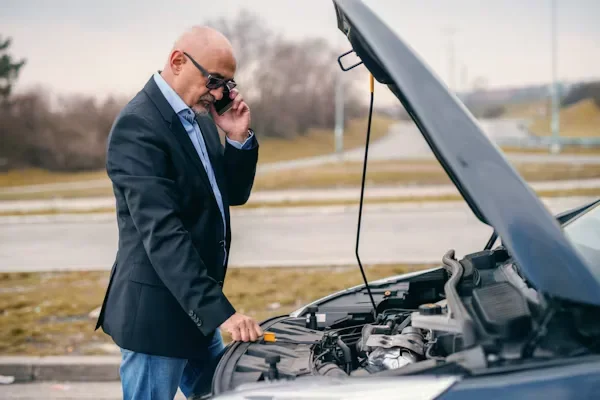 How Much Does it Cost to Tow or Recover a Car? a man talking on phone while checking car engine