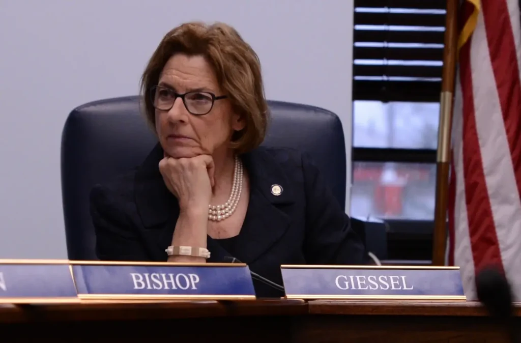 Senate Majority Leader Cathy Giessel, R-Anchorage, is seen during a news conference.