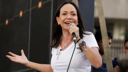 Venezuelan opposition presidential candidate Maria Corina Machado addresses supporters.