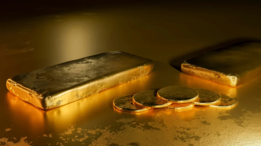 Gold bar and coins laying on a table.