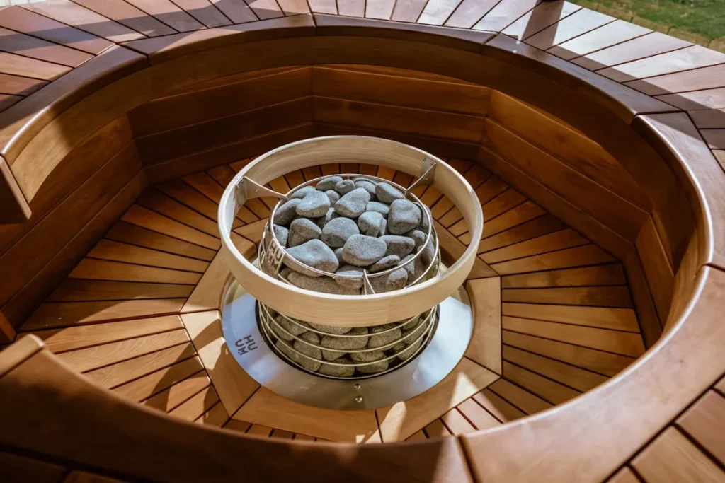 a bowl of rock in the center on round table