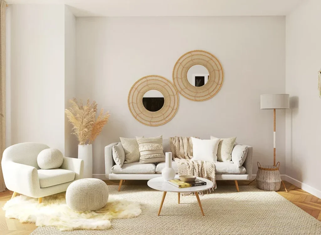 a living room filled with furniture and mirror