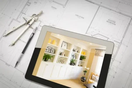 a tablet with a compass and pencil