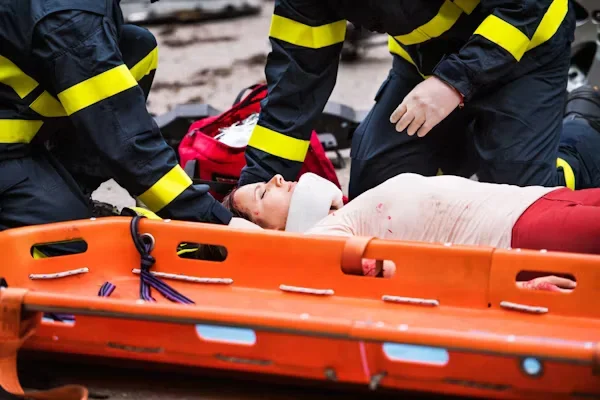 a woman laying on plastic stretcher