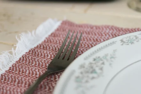 A plate and a fork laying together.