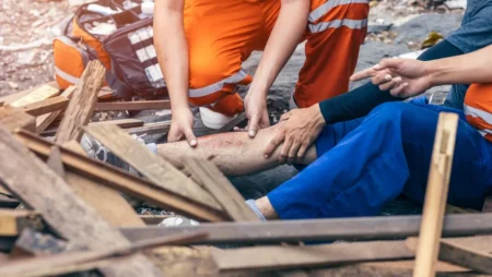 man is showing his wound on leg