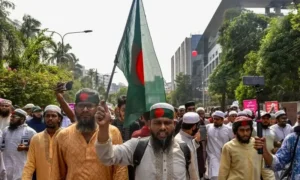 Protesters gather to demand a ban on the ousted Sheikh Hasina’s party
