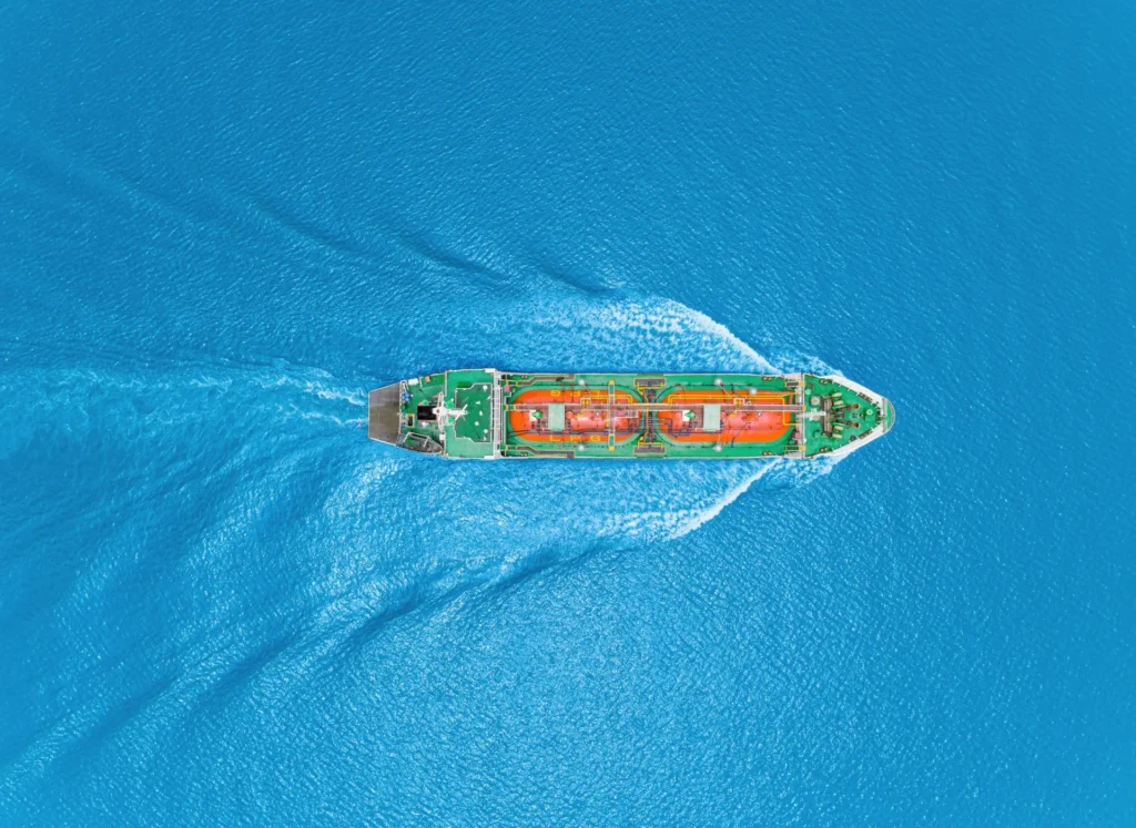 An oil cargo ship on water.