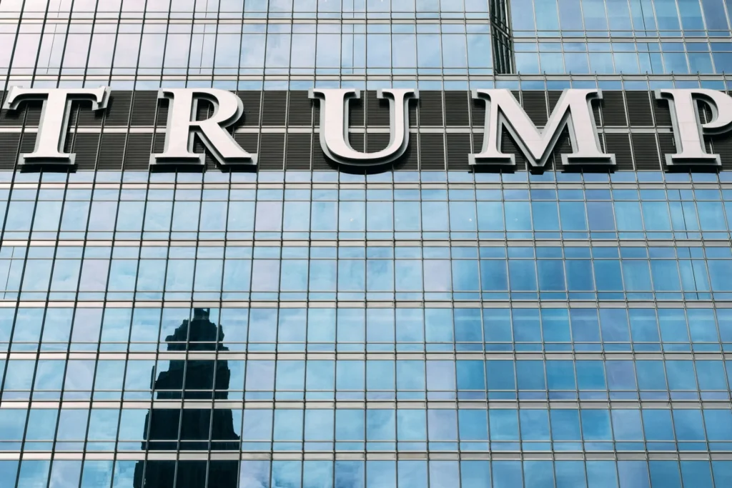 Trump written on a building.