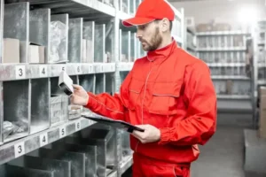 a man looking at a box