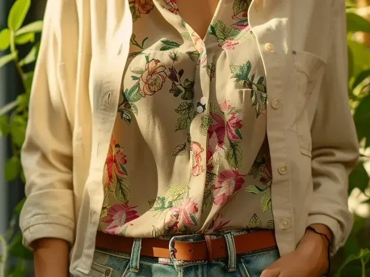 Beige Denim Clothing for a Neutral Look A woman wearing beige jacket on floral shirt