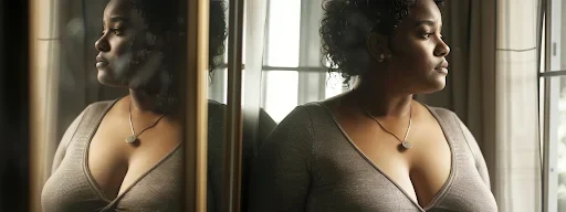Tips for Selecting the Perfect Plus-Size Dress woman looking outside the window