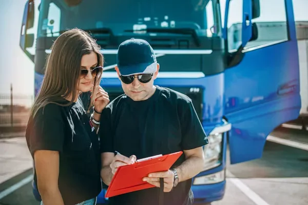 A man and woman standing in front of truck
