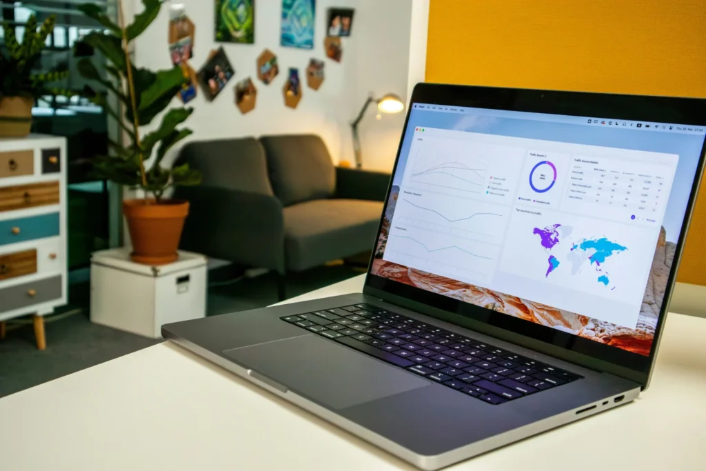 A laptop on white table