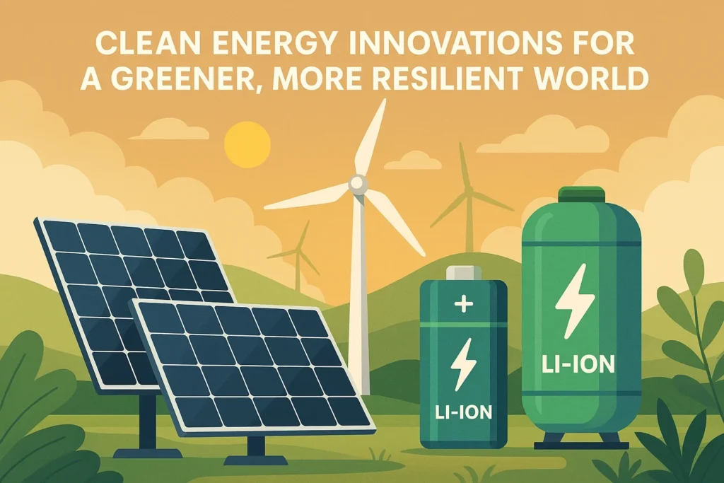 Illustration of clean energy technologies including solar panels