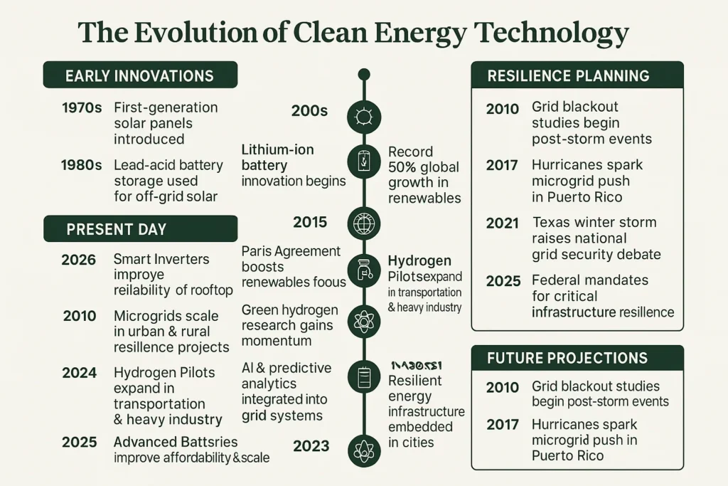 Clean Energy Solutions for a Resilient Future Timeline infographic ‘The Evolution of Clean Energy