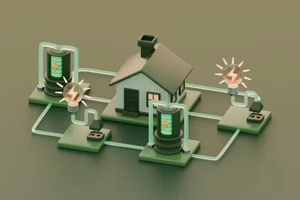 Clean Energy Solutions for a Resilient Future a house connected with bulb and energy batteries
