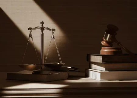 a judge scale and book on table