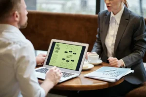 a man and woman in meeting