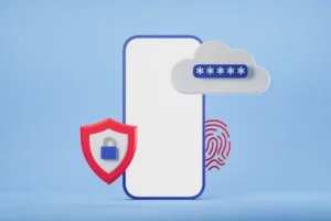a mobile phone with a cloud and a shield