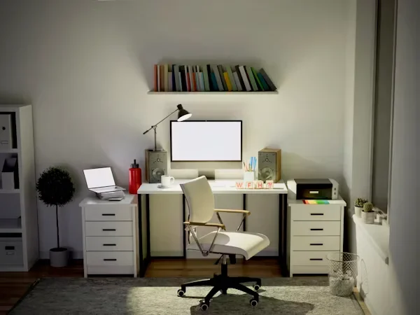Home Office Hacks for Remote Workers Living With Roommates a room with a desk chair, table and a storage.
