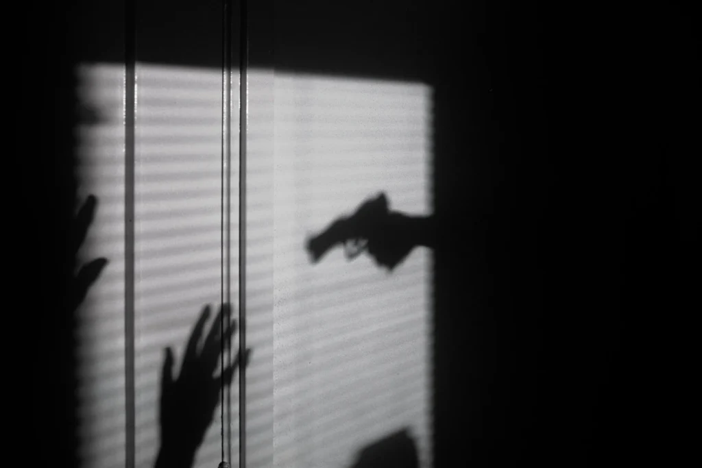 A shadow of a person holding a gun.