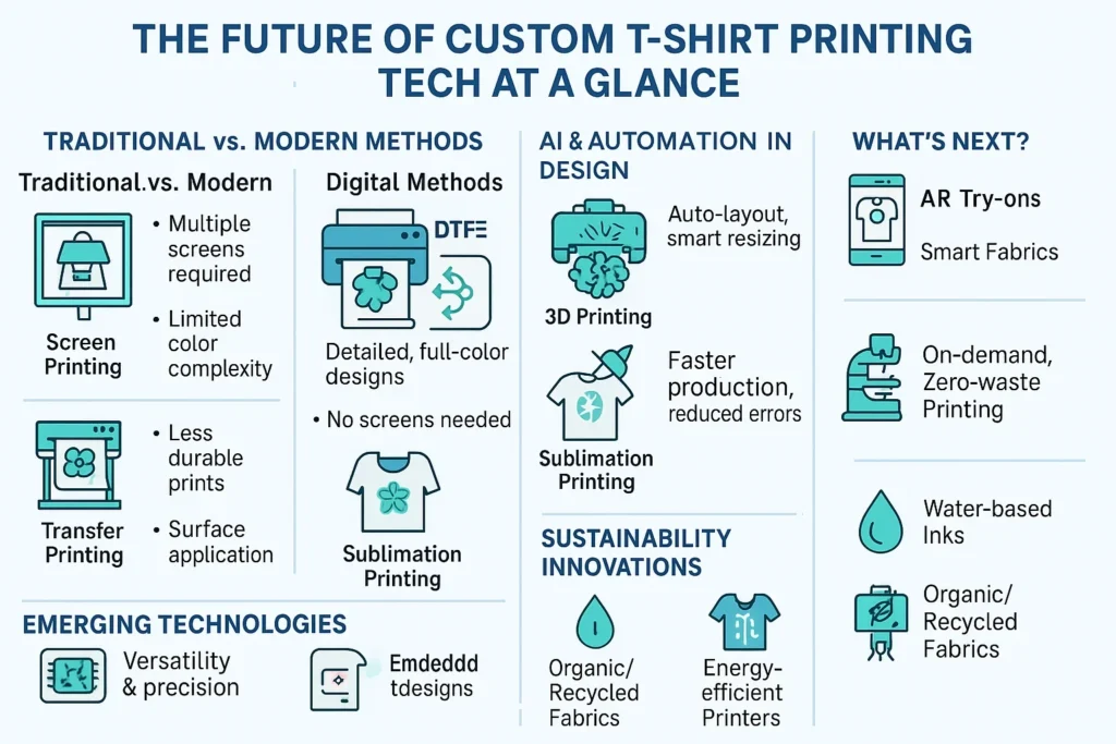 Beyond the Ink: How Emerging Technologies are Shaping Custom T-Shirt Printing Illustration of Future of custom T shirt printing