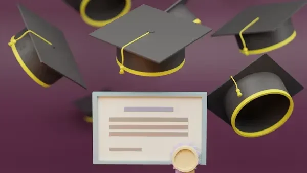 a bunch of graduation caps flying in the air.