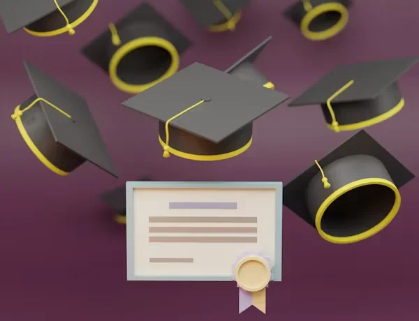 a bunch of graduation caps with a certificate
