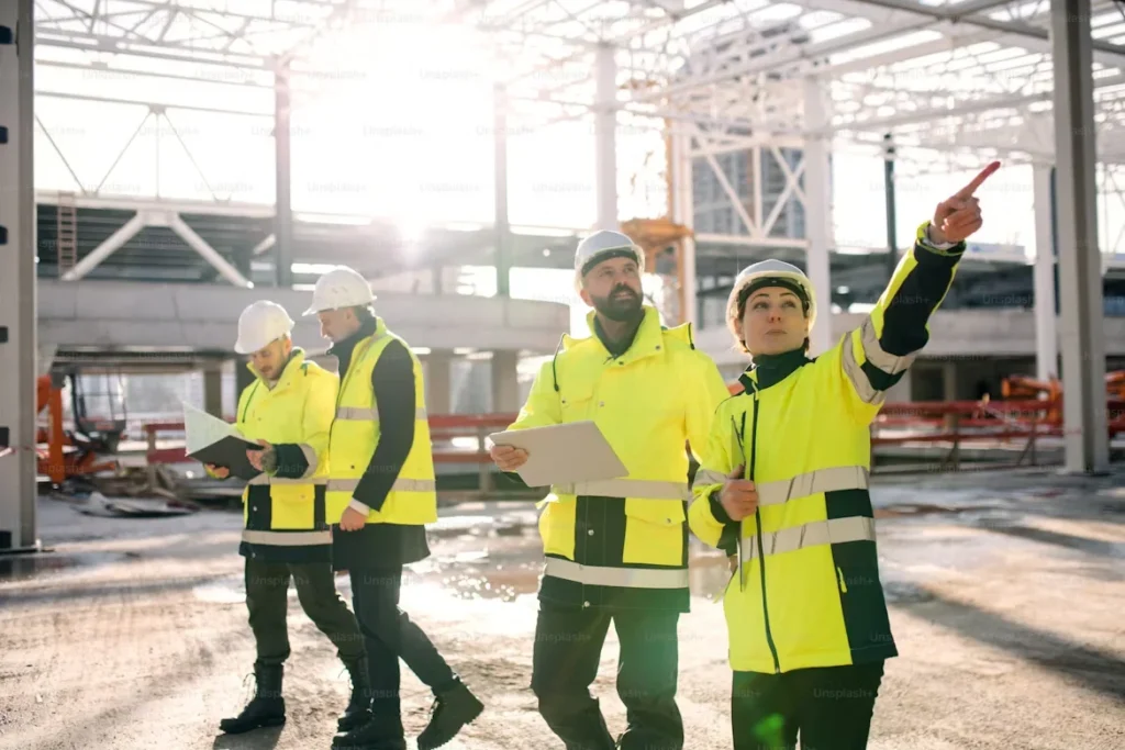 a group of engineers standing on construction site