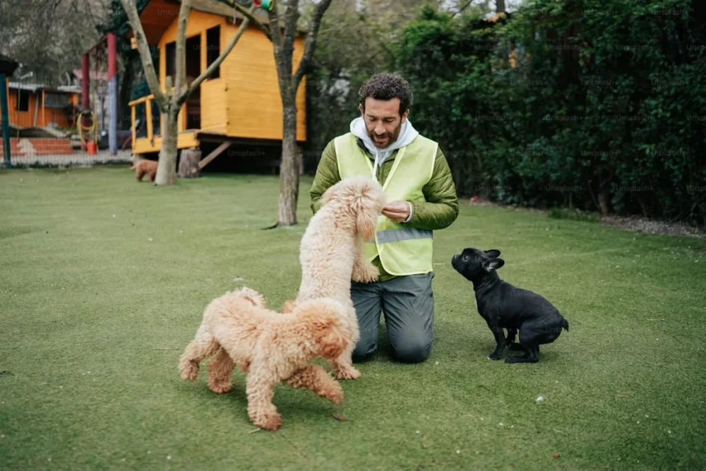 Who Can Benefit from Dog Boarding Services a man kneeling down next to three dogs