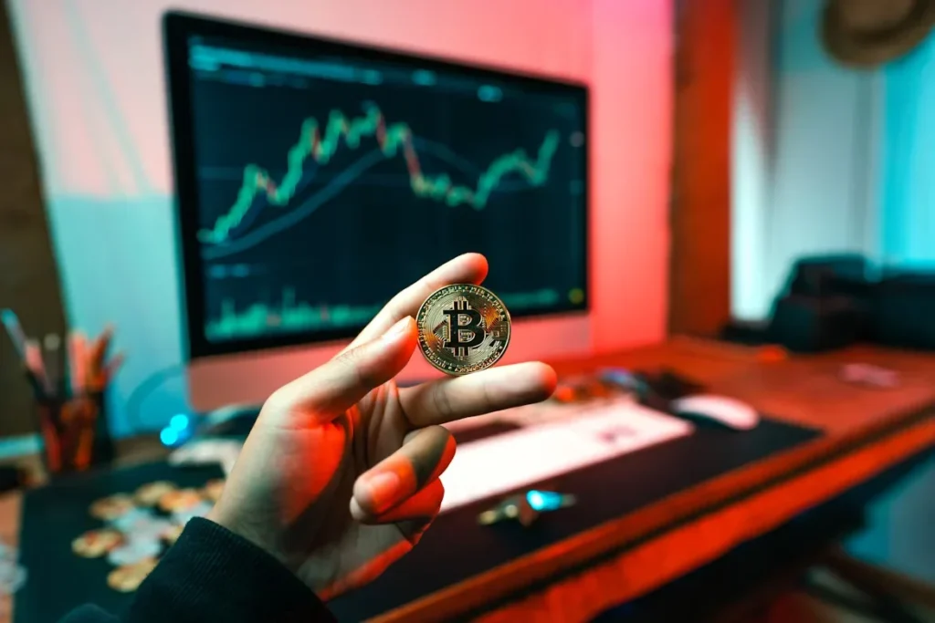 a person holding a coin in front of computer
