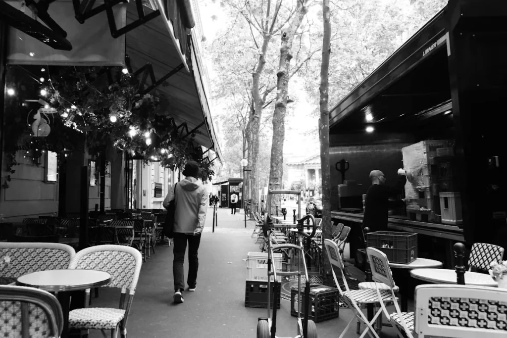 Why French Bistro Chairs Are the Ultimate Blend of Style and Durability in Cold Climates a person walking down a sidewalk