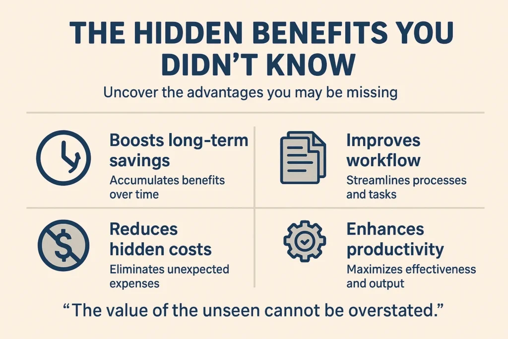 Increasing Efficiency with Heavy Duty Tape in Bulk Hidden benefits infographic with icons