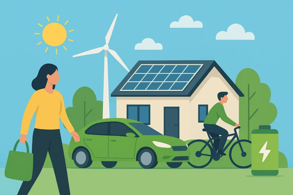 Illustration of a sustainable home with solar panels, wind turbine, electric car, cyclist, and eco-conscious shopper.