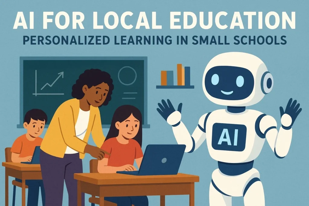 Illustration of a teacher, students, and AI robot in a classroom