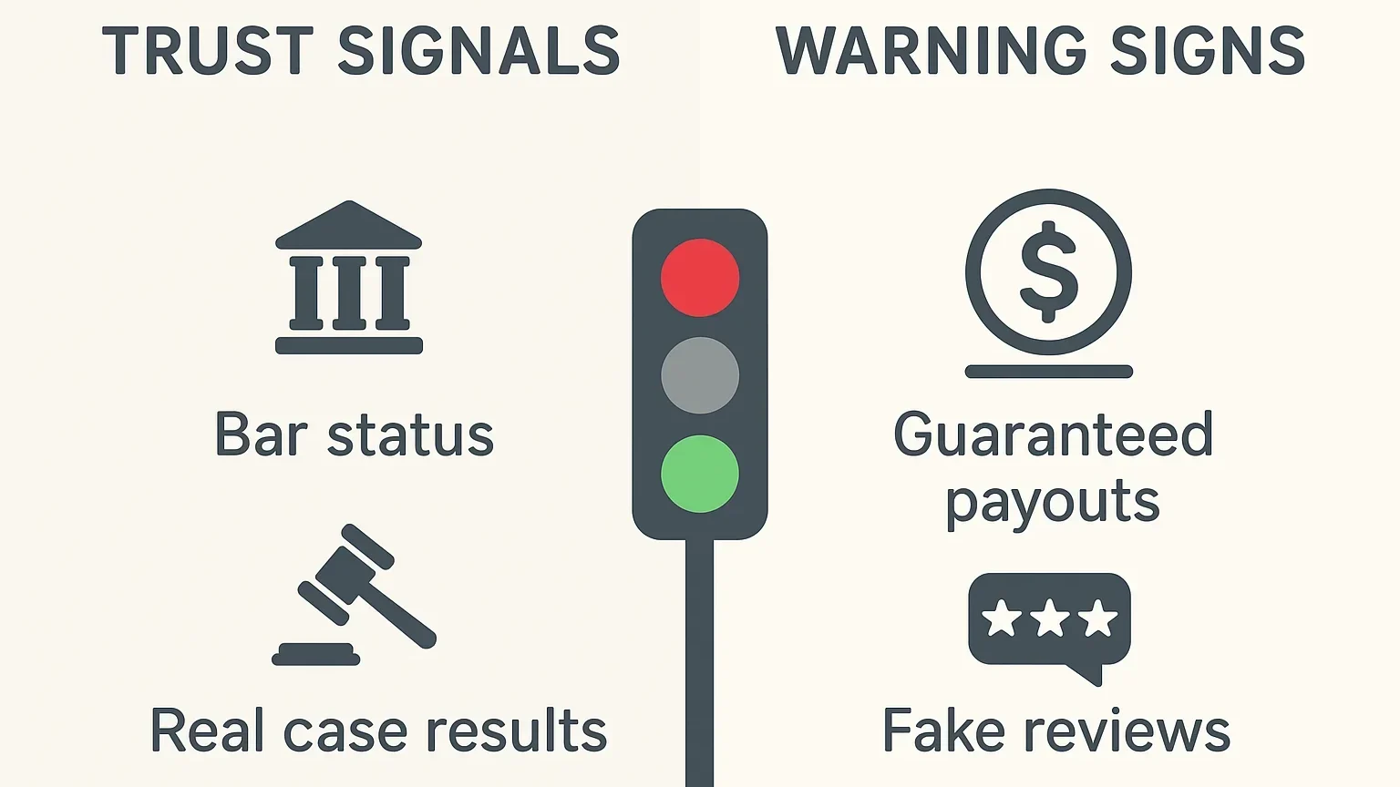 Infographic showing legal trust signals vs. warning signs with icons.